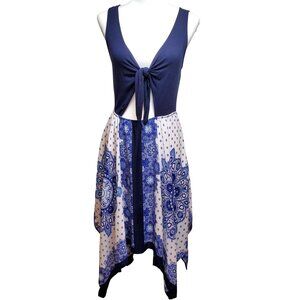 Boho Navy & White Tie-Front Sleeveless Dress With Paisley Handkerchief Hemline V